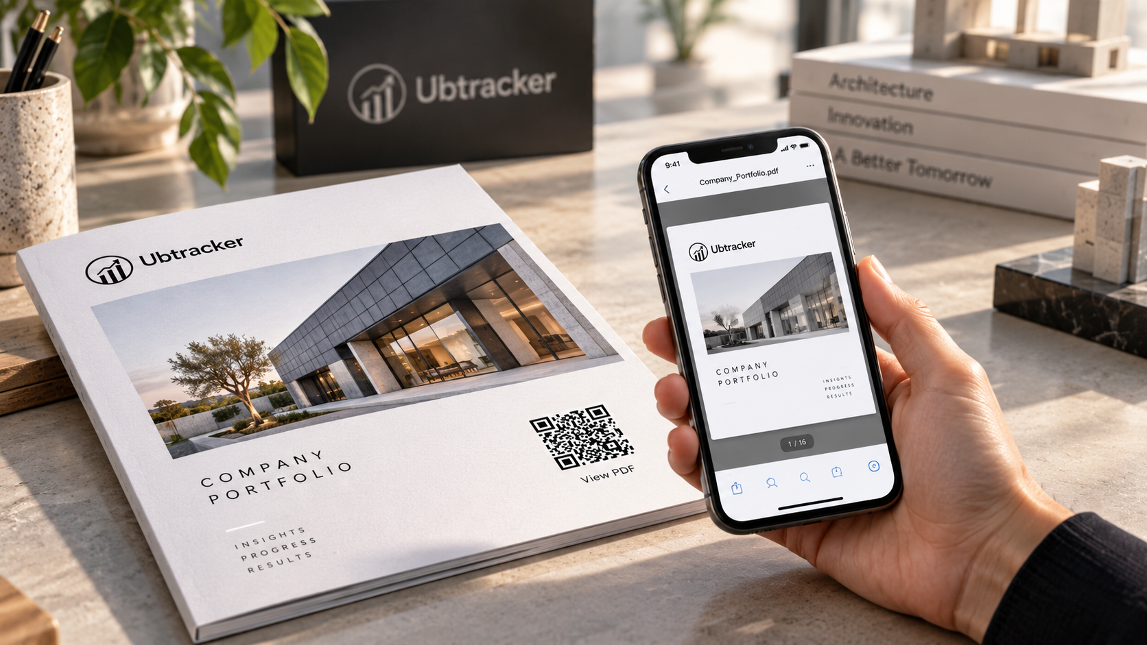 Printed brochure with QR code opening a PDF on a smartphone