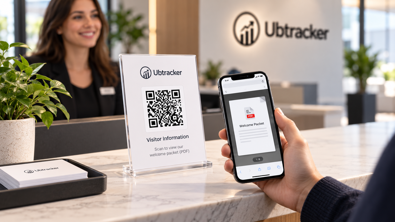 Reception desk with QR code sign for PDF information