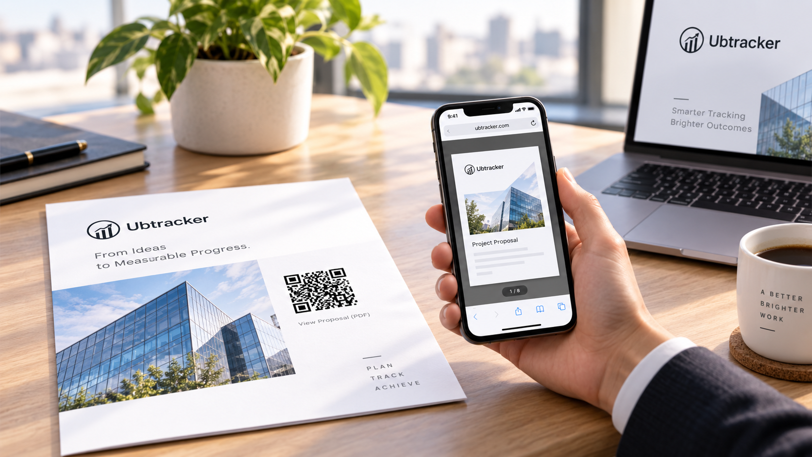 Office setup showing PDF QR flow from print to mobile