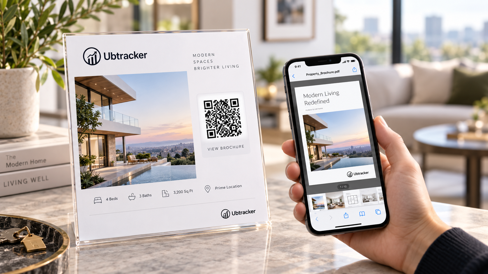 Modern real estate brochure with QR code opening a PDF on phone