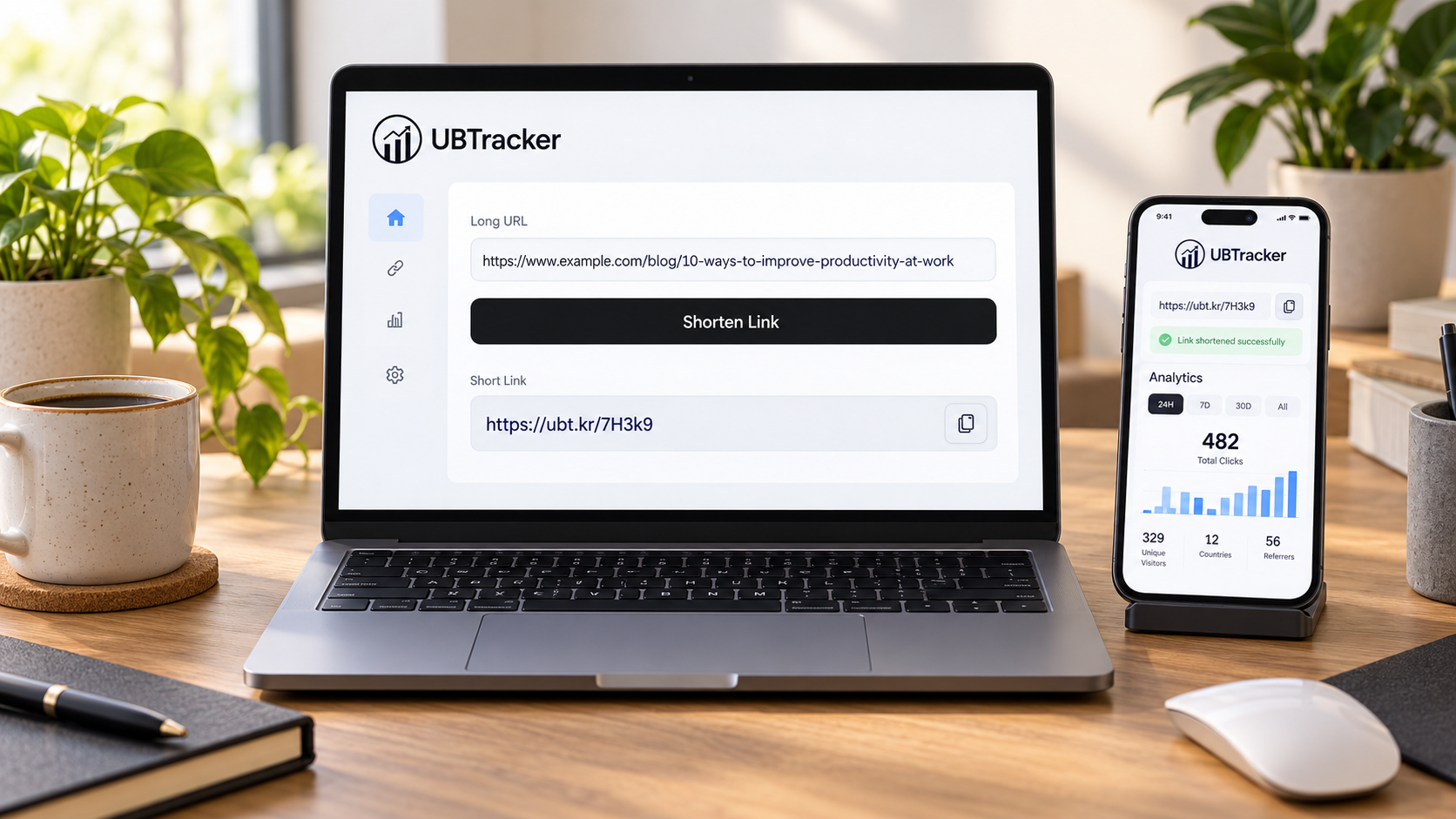 Modern workspace showing a short link workflow