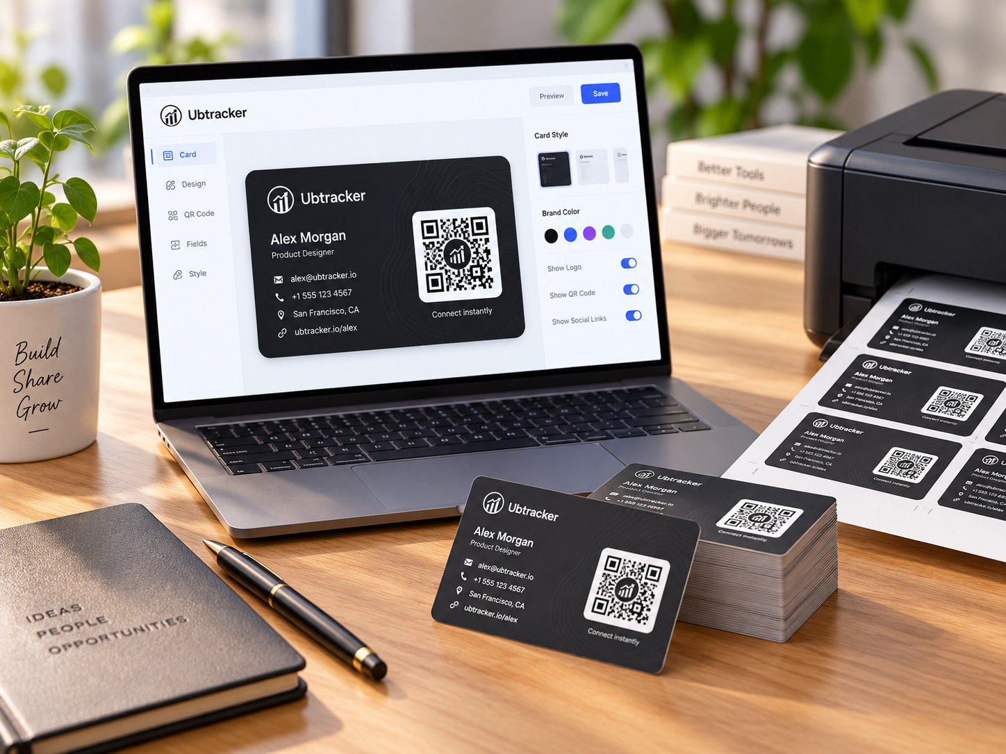 Printed QR business cards next to a laptop and printer