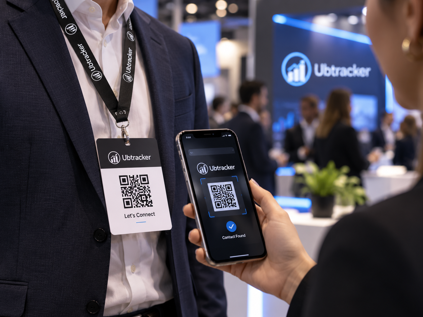 Professionals using QR business cards during an event