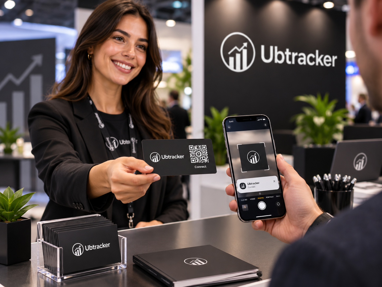 Branded booth setup with QR business card touchpoints