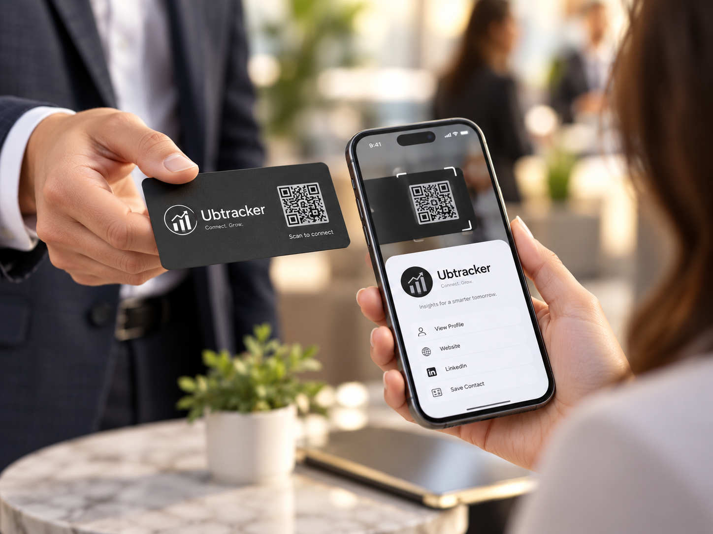Phone scanning a QR business card during a networking moment