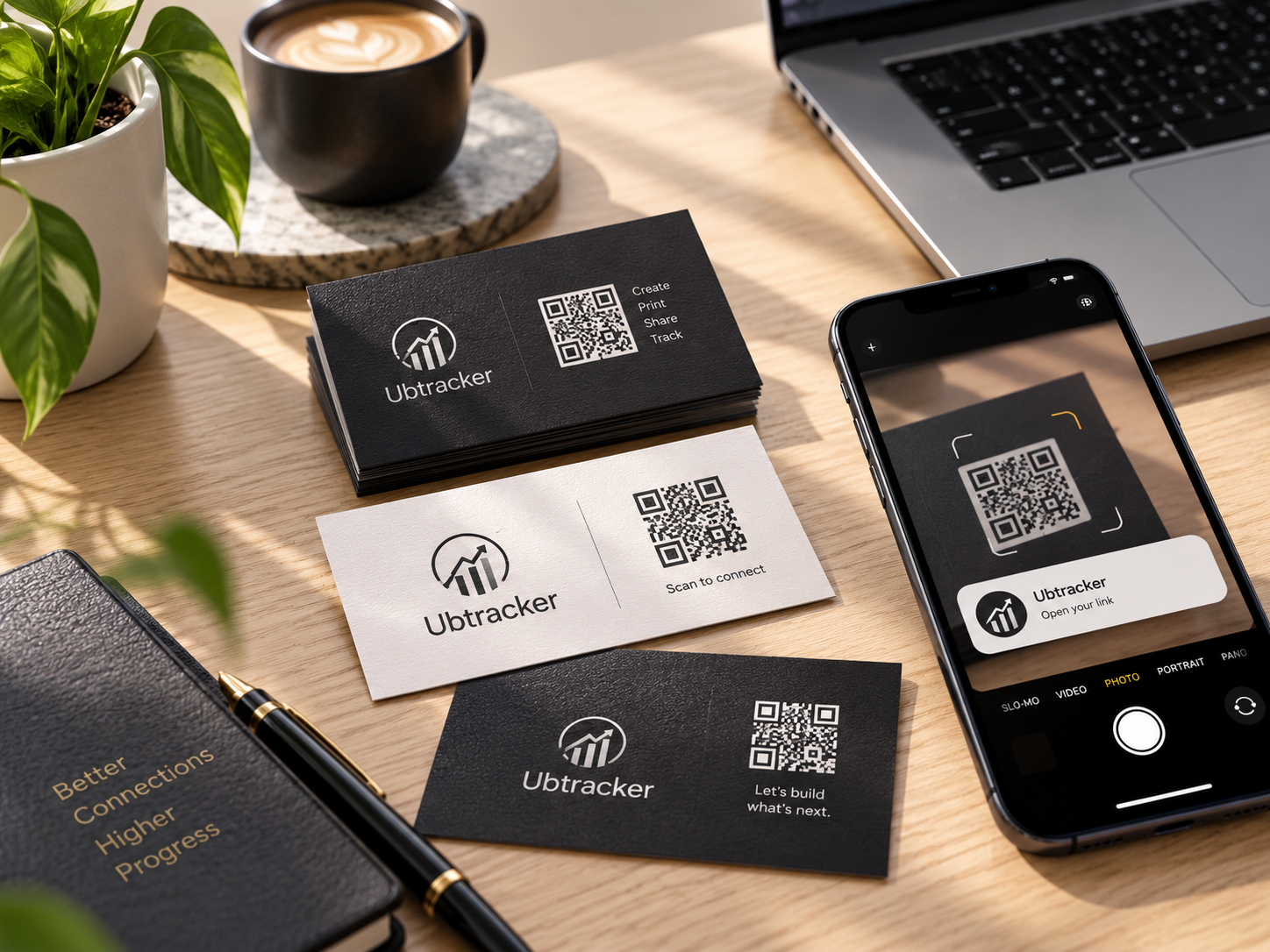 QR business card on a professional desk
