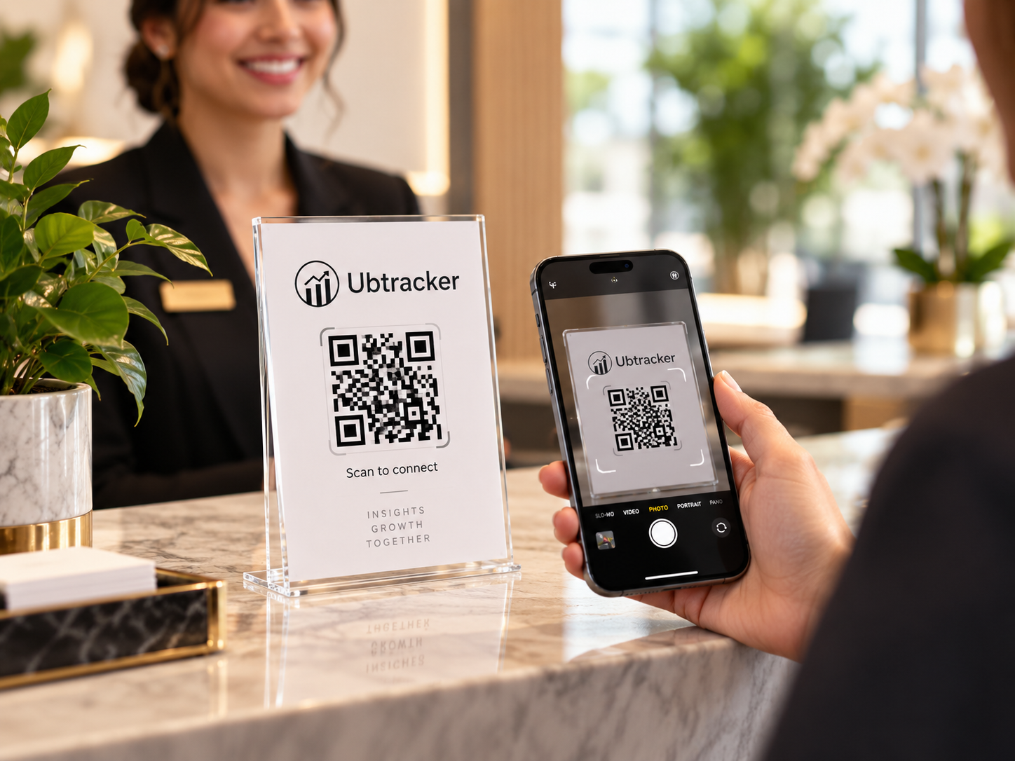 Reception counter with a QR card ready to scan