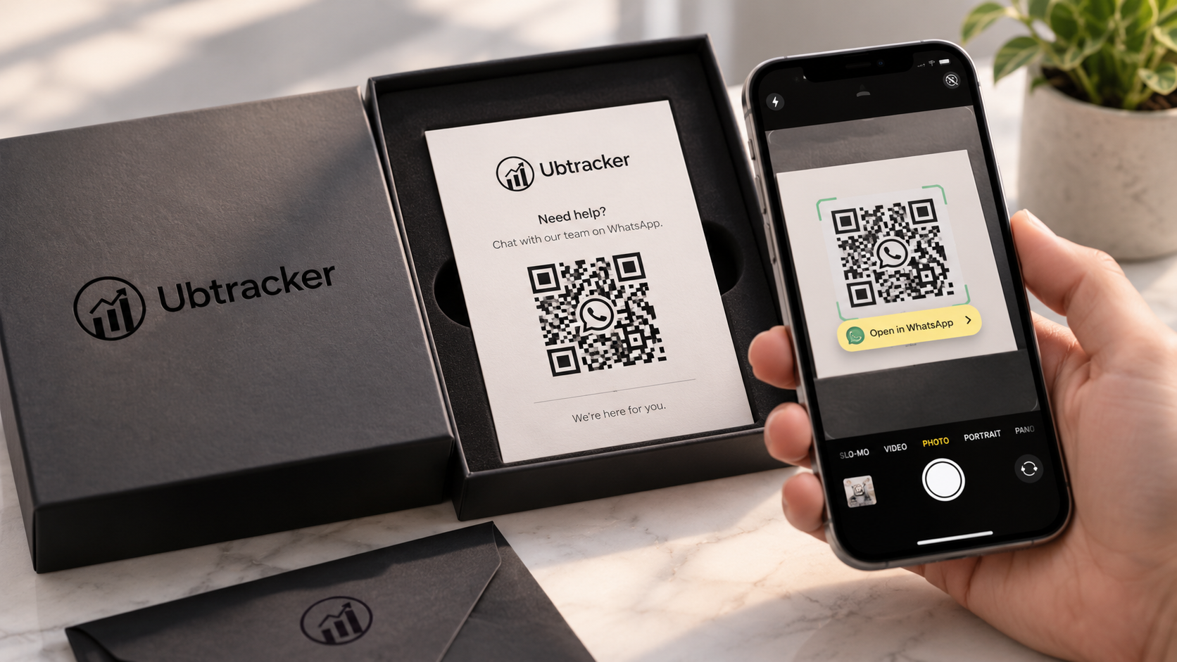 WhatsApp QR support card inside product packaging