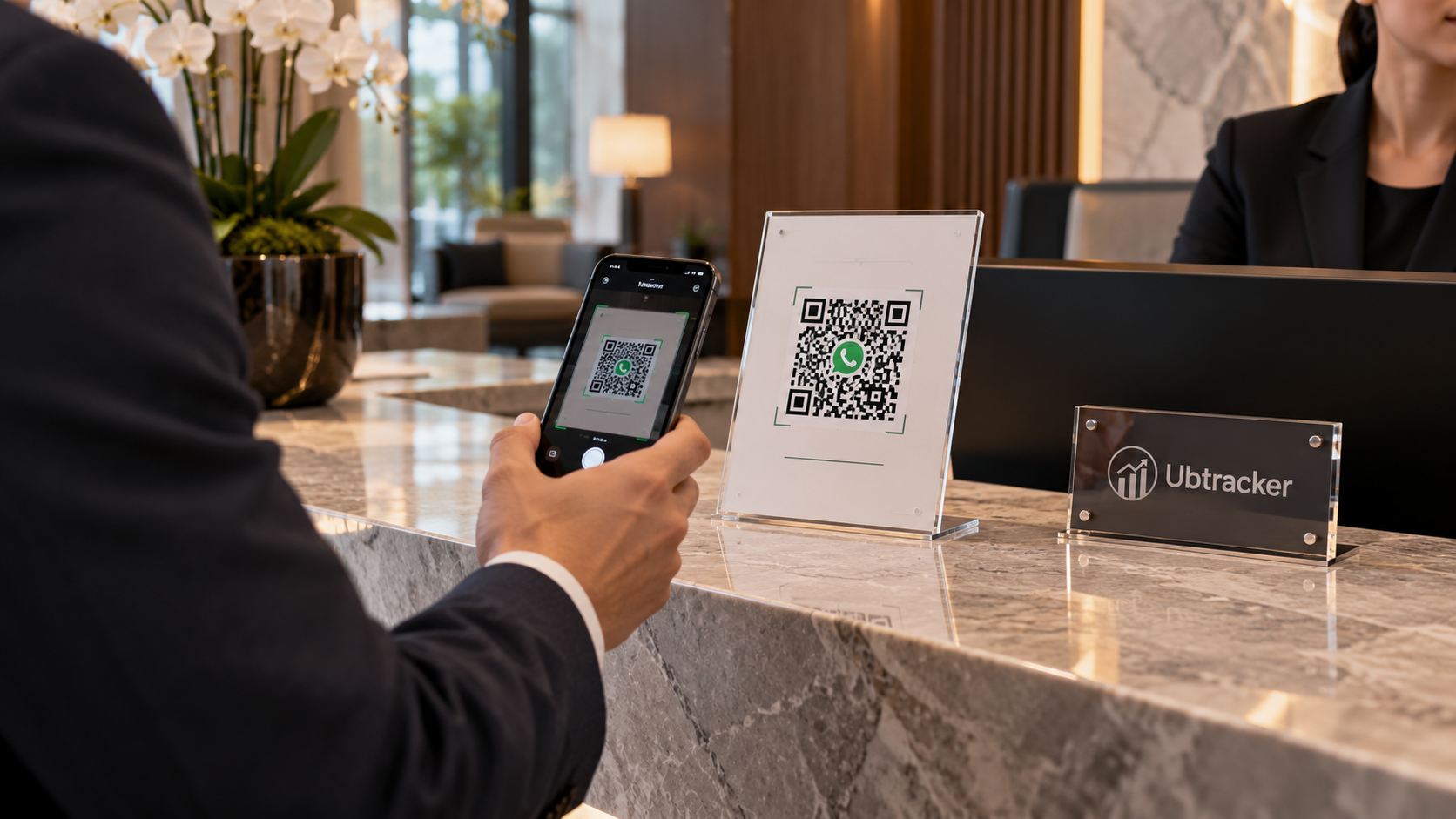 WhatsApp QR code at a business reception desk